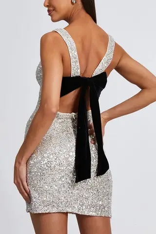 Sleeveless Slim Fit Backless Bow Glitter Mini Dress - View 1