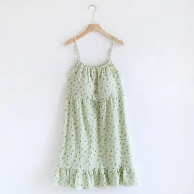 Sweet Floral Suspender Skirt Cotton Pajamas Small Green Flowers - Shop at LoveMi