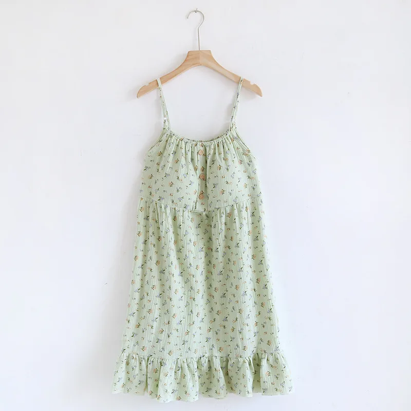 Sweet Floral Suspender Skirt Cotton Pajamas - Small Green Flowers - View 1