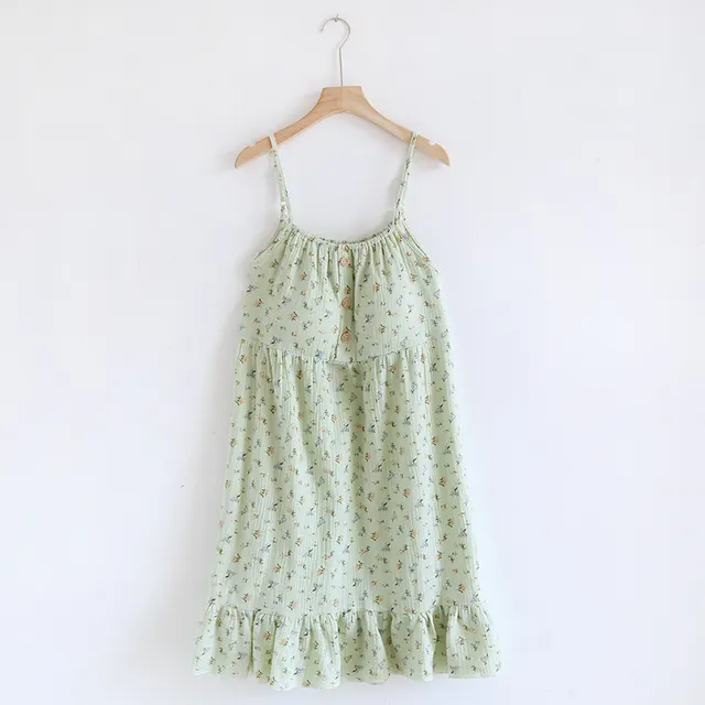 Sweet Floral Suspender Skirt Cotton Pajamas Small Green Flowers - Shop at LoveMi
