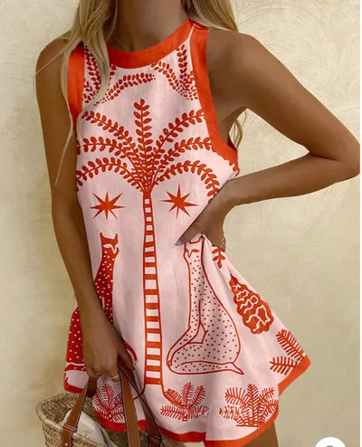 Printed Linen Sleeveless Mini Dress Women Coconut Tree - Shop at LoveMi