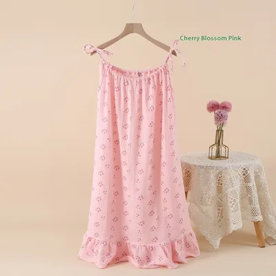 Crepe Gauze Vest Suspenders Nightdress Long Dress Pajamas Peach Pink Flowers - Shop at LoveMi