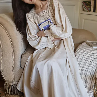 Fairy Princess Style Sweet Girl Square Collar Nightdress Long Apricot - Shop at LoveMi