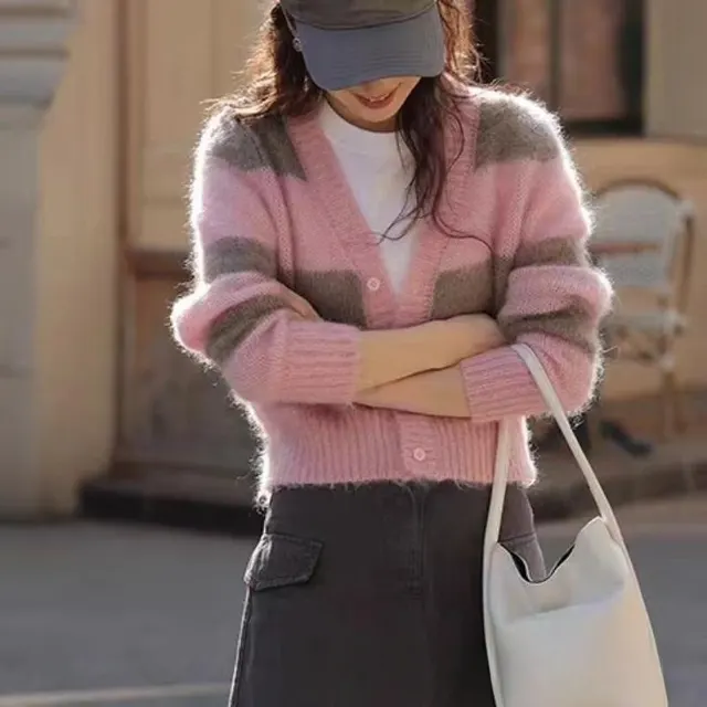 Contrast Color Striped Short Style Knitted Sweater Coat Pink - Shop at LoveMi