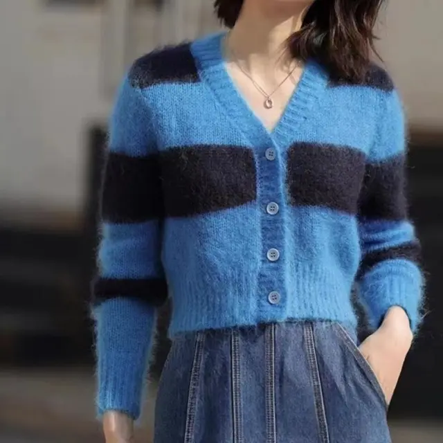 Contrast Color Striped Short Style Knitted Sweater Coat Sapphire Blue - Shop at LoveMi