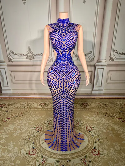 Luxury Mirror Sequins Sheath Halter Trailing Dress Blue - Shop at LoveMi