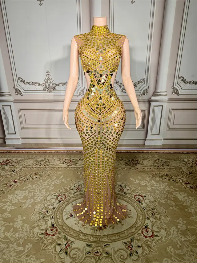 Luxury Mirror Sequins Sheath Halter Trailing Dress Gold - Shop at LoveMi