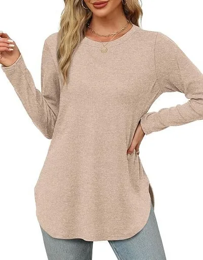 Solid Color Long sleeved Top Round Neck Loose Casual Bottoming Shirt Apricot - Shop at LoveMi