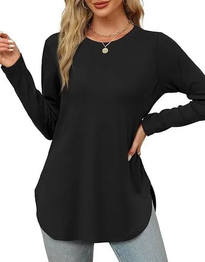 Solid Color Long sleeved Top Round Neck Loose Casual Bottoming Shirt Black - Shop at LoveMi