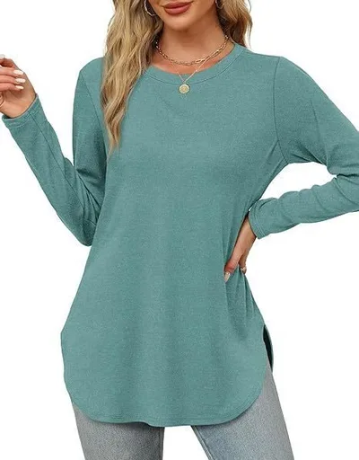 Solid Color Long sleeved Top Round Neck Loose Casual Bottoming Shirt Blue - Shop at LoveMi