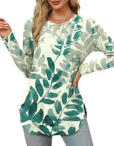 Solid Color Long sleeved Top Round Neck Loose Casual Bottoming Shirt Ink Printing - Shop at LoveMi