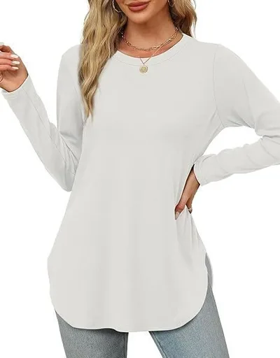 Solid Color Long sleeved Top Round Neck Loose Casual Bottoming Shirt Milky White - Shop at LoveMi