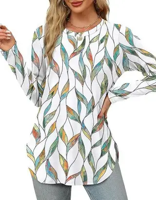 Solid Color Long-sleeved Top Round Neck Loose Casual Bottoming Shirt - Mulitcolor Leaves