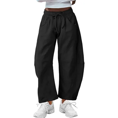 Fashion Loose Sports Drawstring Pocket Cropped Sweatpants Black - Shop at LoveMi