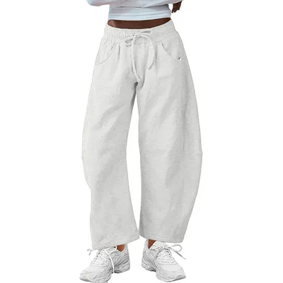 Fashion Loose Sports Drawstring Pocket Cropped Sweatpants Light White Gray - Shop at LoveMi