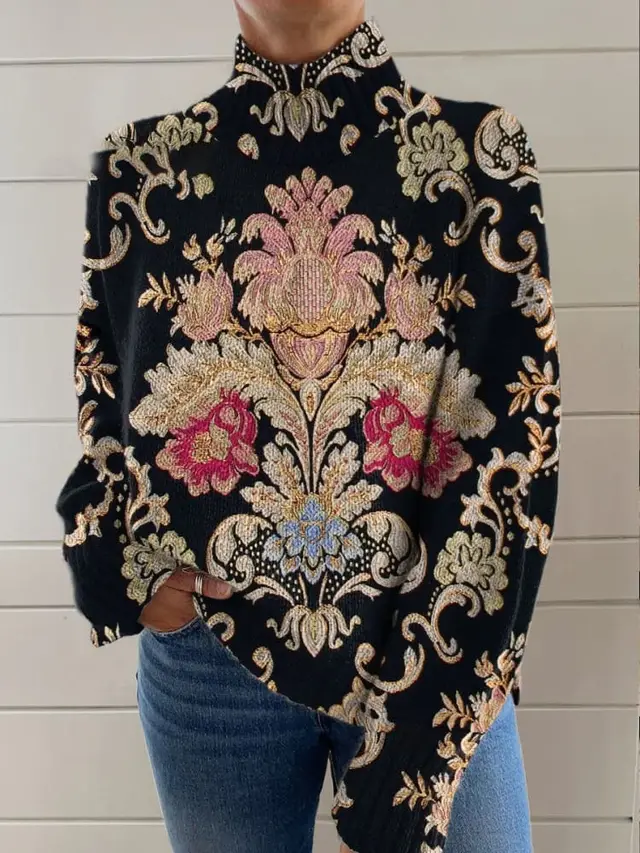 3D Color Matching Pattern Printed Turtleneck Long Sleeve Sweater Black Line - Shop at LoveMi