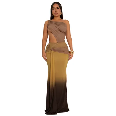 Summer Sexy Cross shoulder Bag Arm Gradient Dress Brown - Shop at LoveMi