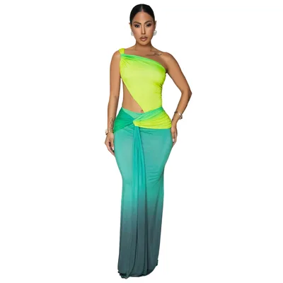 Summer Sexy Cross shoulder Bag Arm Gradient Dress Green - Shop at LoveMi