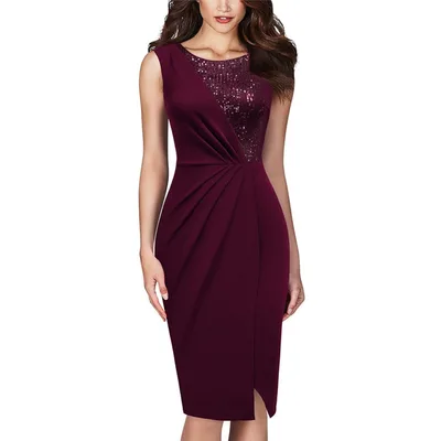 Sequin Stitching Slim Fit Slit Party Dress Women's Clothing Wine Red - Shop at LoveMi