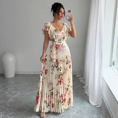 V neck Digital Floral Print Ruffles Dress Apricot Beige - Shop at LoveMi