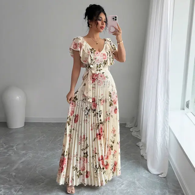 V neck Digital Floral Print Ruffles Dress Apricot - Shop at LoveMi