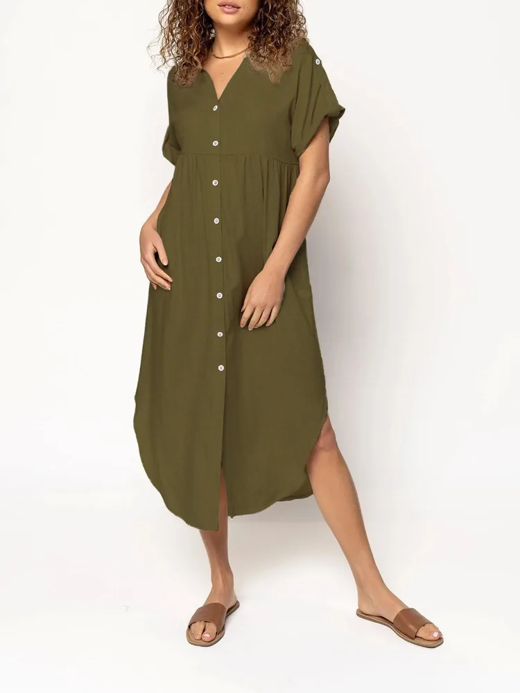 Loose Temperament Casual Solid Colour Buttons Mid-length Dress - Army Green - View 1