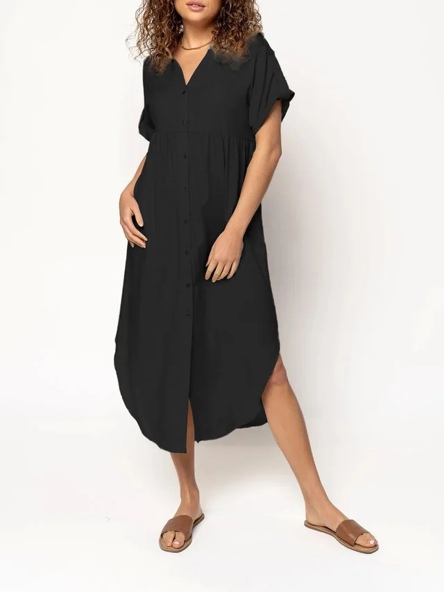 Loose Temperament Casual Solid Color Buttons Mid length Dress Black - Shop at LoveMi