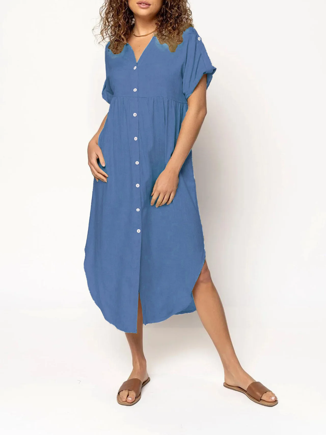 Loose Temperament Casual Solid Color Buttons Mid-length Dress - Blue