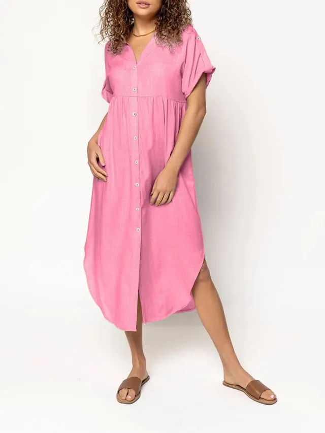 Loose Temperament Casual Solid Color Buttons Mid length Dress Pink - Shop at LoveMi