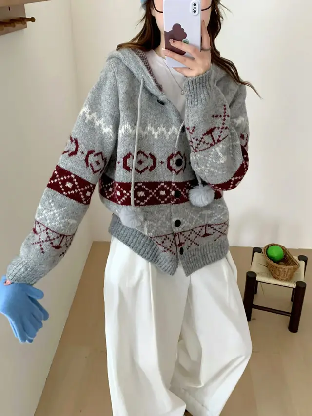 Idle Style Brocade Sweater Plus Size Women's Coat Gray - Shop at LoveMi