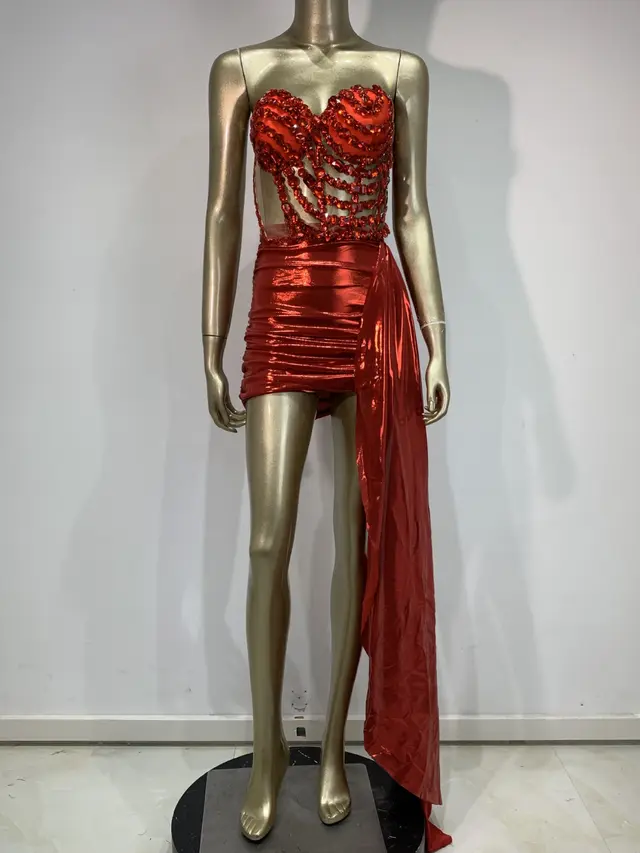 Sexy Skirt Suit Hollow Mesh See through Banquet Company Party Stage Costume Red - Shop at LoveMi