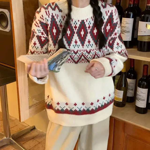Loose Retro Idle Style Pullover Knitted Top White - Shop at LoveMi