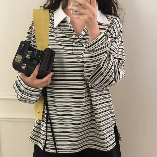 Simple Style Loose Striped Contrast Color Polo Collar Long Sleeve Top - View 1