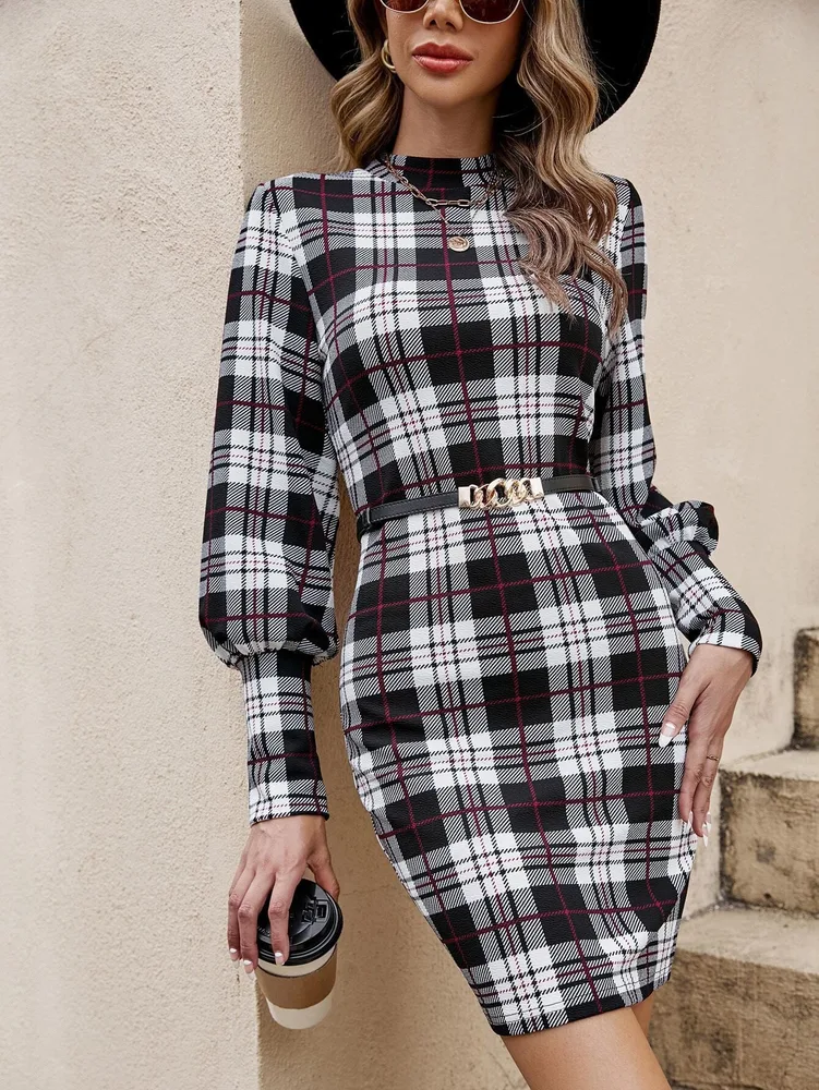 Fashion Lantern Sleeve Printed Tight Dress Black - Shop at LoveMi
