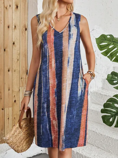V neck Casual Striped Color Block Sleeveless Dress Color - Shop at LoveMi