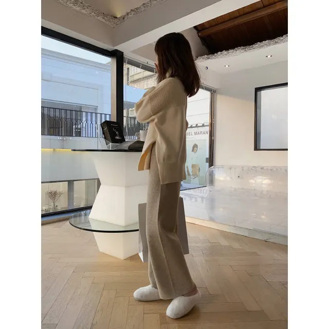 Women's Autumn And Winter Knitting Wide leg Pants High Waist Drooping Mopping Casual Milk Brown - Shop at LoveMi