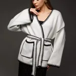 Lace-up Knitted Cardigan Loose Mid-length Sweater Coat - White