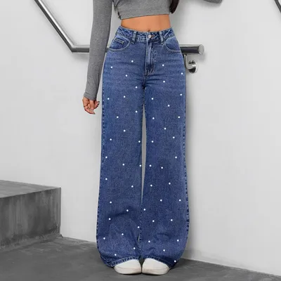 Women's Washed High Waist Straight leg Denim Trousers Dark Blue - Shop at LoveMi