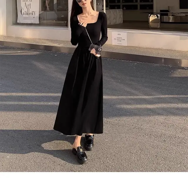 Square Collar Knitted Dress Women's Waist A Line Long Skirt Black - Shop at LoveMi