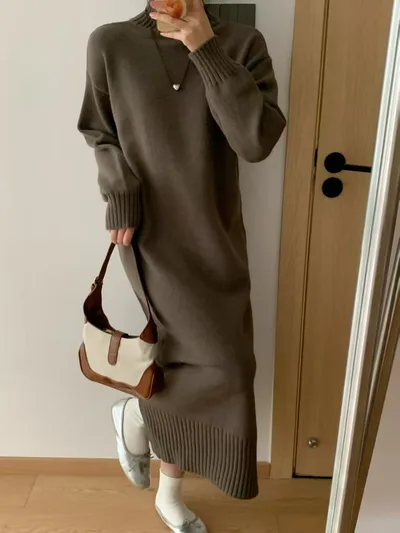 Idle Style Pullover Thickened Plus Size Bottoming Loose Knitted Dress Women Brown - Shop at LoveMi