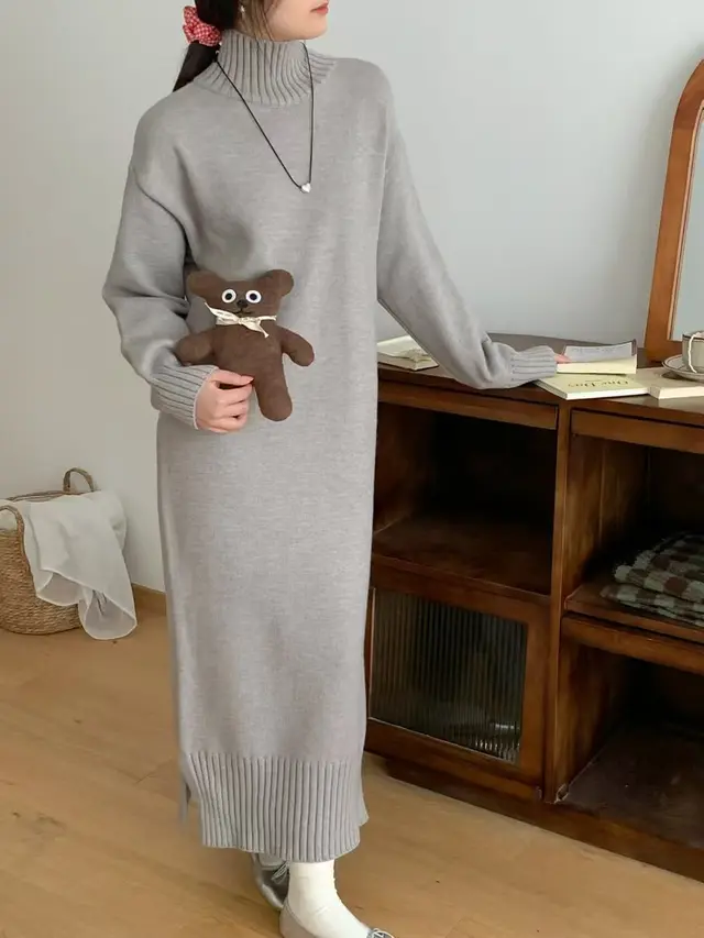 Idle Style Pullover Thickened Plus Size Bottoming Loose Knitted Dress Women Gray - Shop at LoveMi