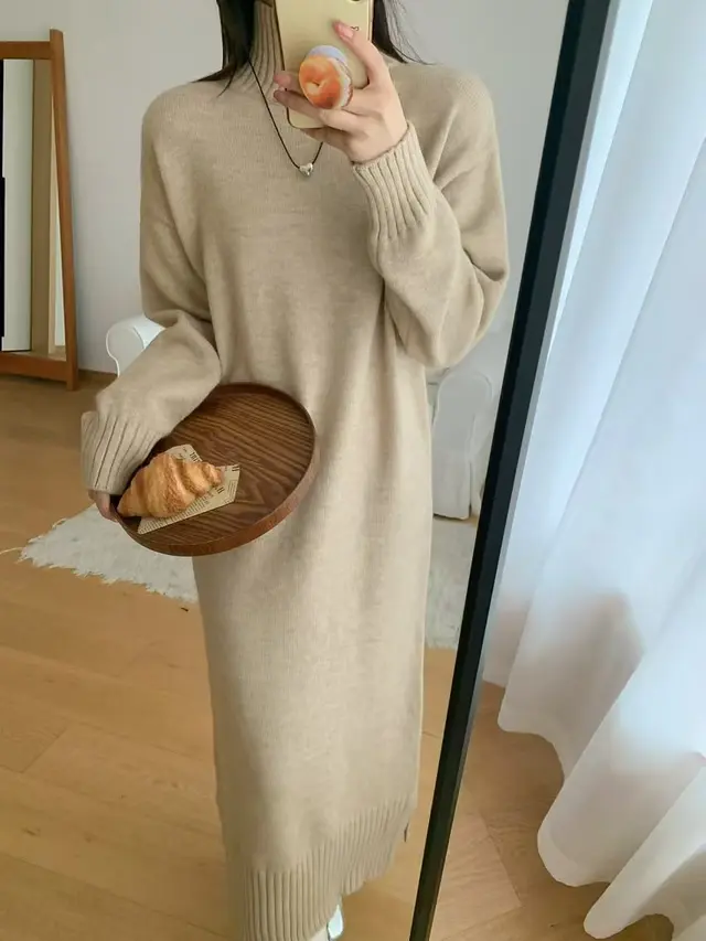 Idle Style Pullover Thickened Plus Size Bottoming Loose Knitted Dress Women Khaki - Shop at LoveMi