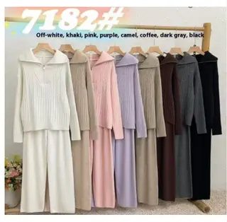 Turtleneck Zipper Lapel Pullover Long Sleeve Sweater Wide Leg Pants Two-piece Set - Camel