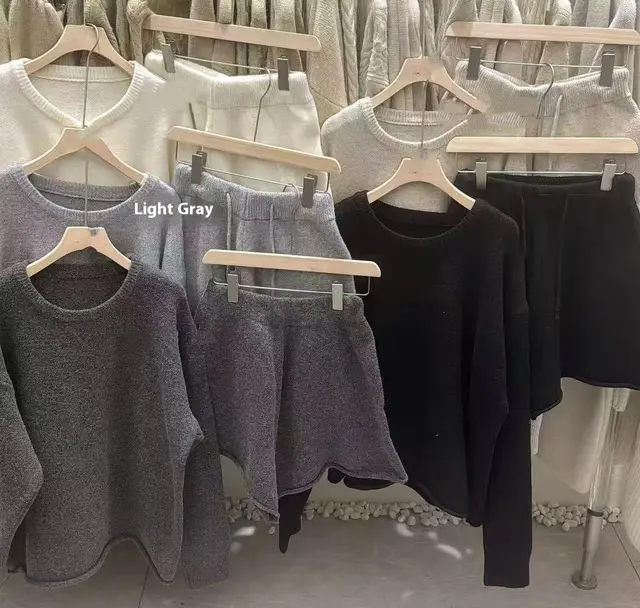 Loose fitting Long Sleeve Sweater Knitted Wide Leg Shorts Two piece Set Light Gray - Shop at LoveMi