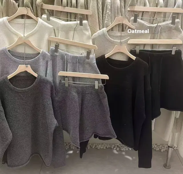 Loose fitting Long Sleeve Sweater Knitted Wide Leg Shorts Two piece Set Oatmeal Color - Shop at LoveMi