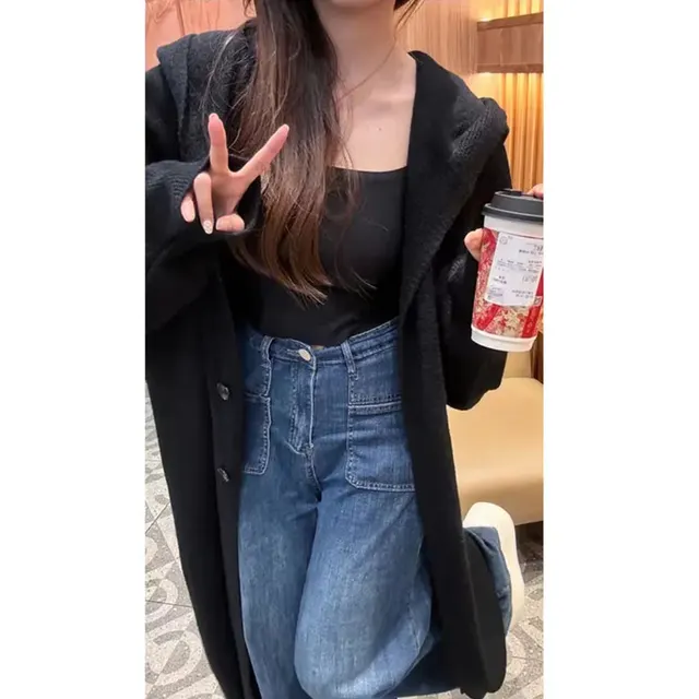 Korean Style Idle Style Hooded Long Below The Knee Knitted Cardigan For Women Black - Shop at LoveMi