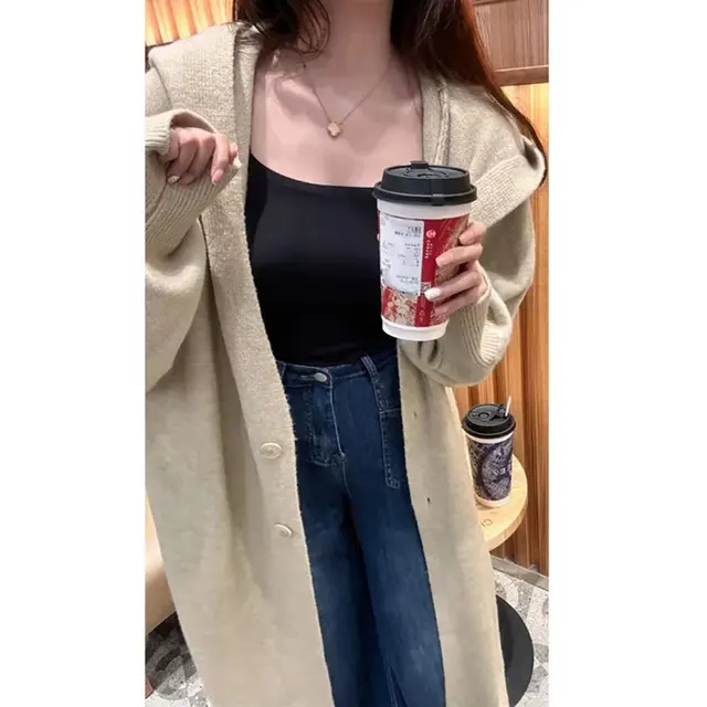 Korean Style Idle Style Hooded Long Below The Knee Knitted Cardigan For Women Oatmeal Color - Shop at LoveMi