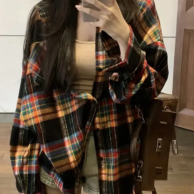 Casual Loose Retro Plaid Shirt For Women Black - Shop at LoveMi
