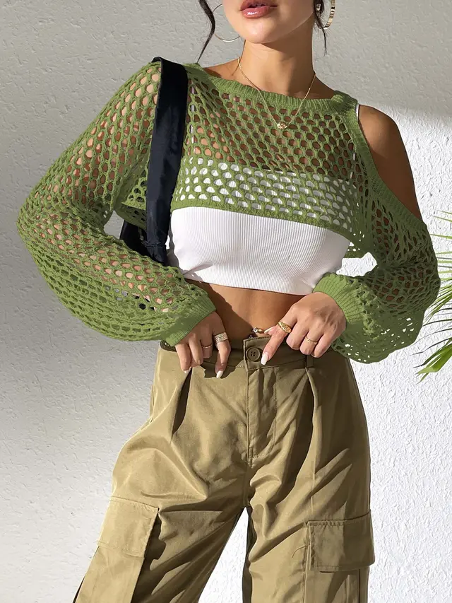 Sexy Navel Hollowed Leisure Mesh Shirt Army Green - Shop at LoveMi