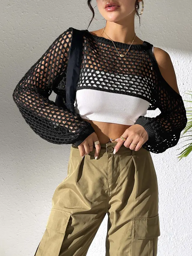 Sexy Navel Hollowed Leisure Mesh Shirt Black - Shop at LoveMi